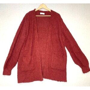 Zenana Women's Open Front‎ Cardigan 2X Red Boucle Knit Long Sleeve with Pockets